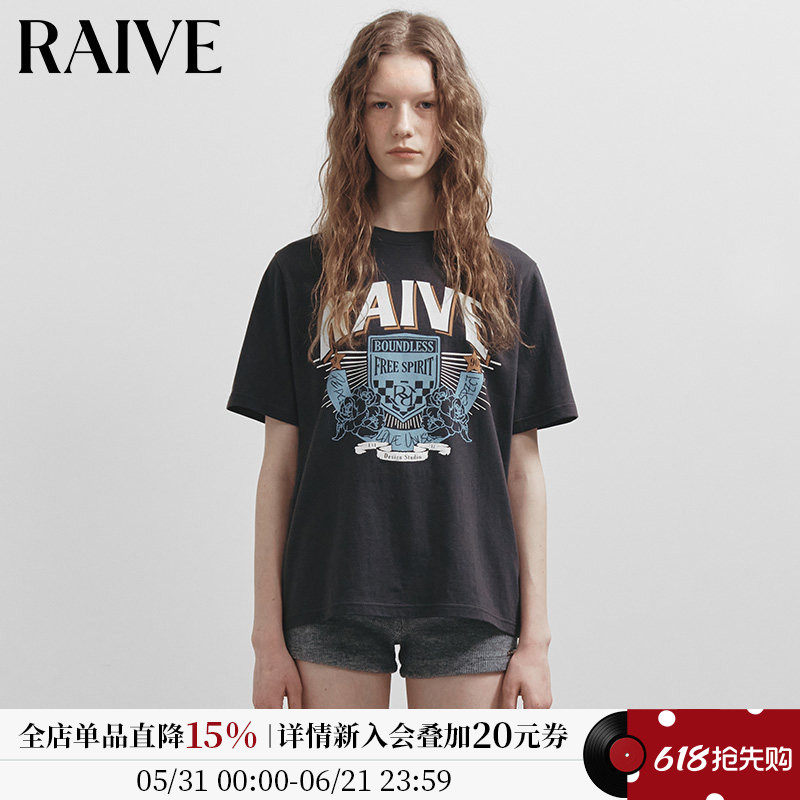 RAIVE2026夏季女短袖学院风徽章logo印花撞色韩系多色宽松T恤