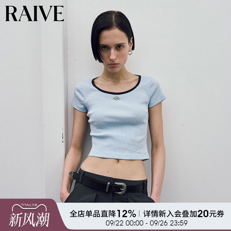RAIVE2025夏季新款女短袖修身领口包边设计短款金属logo大方领T恤