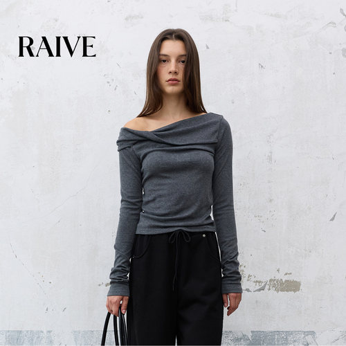 RAIVE一字肩扭结露肩内搭长袖T恤
