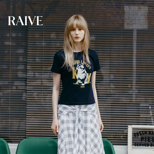 RAIVE猫咪字母印花修身正肩短袖T