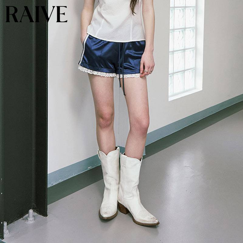 RAIVE2025秋季新款女裤子蕾丝花边系带光泽感显瘦韩系休闲短裤