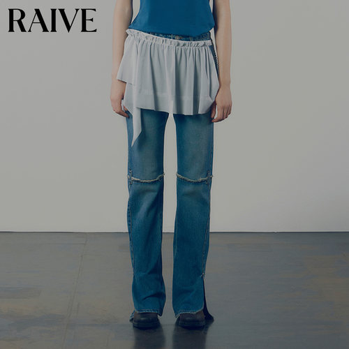 RAIVE膝盖撕边直筒复古蓝牛仔裤
