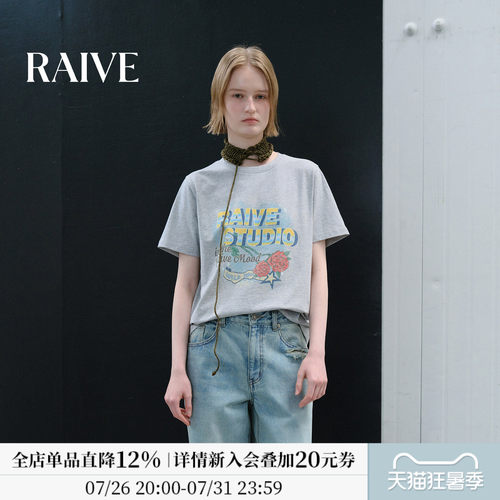 RAIVE晕染字母玫瑰印花宽松短袖T