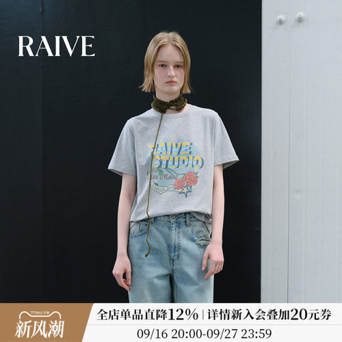 RAIVE晕染字母玫瑰印花宽松短袖T