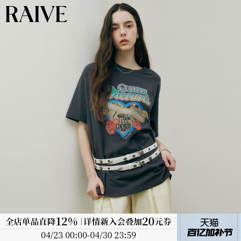 RAIVE2026春季新款女上衣宽松撞色印花爱心玫瑰浪漫氛围短袖T恤