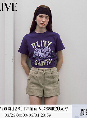 RAIVE2026春季复古紫色印花圆领logo英文韩系宽松爱心通勤T恤