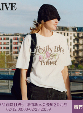 [明星同款]RAIVE玫瑰T恤25夏季宽松女印花做旧复古灰色白色短袖