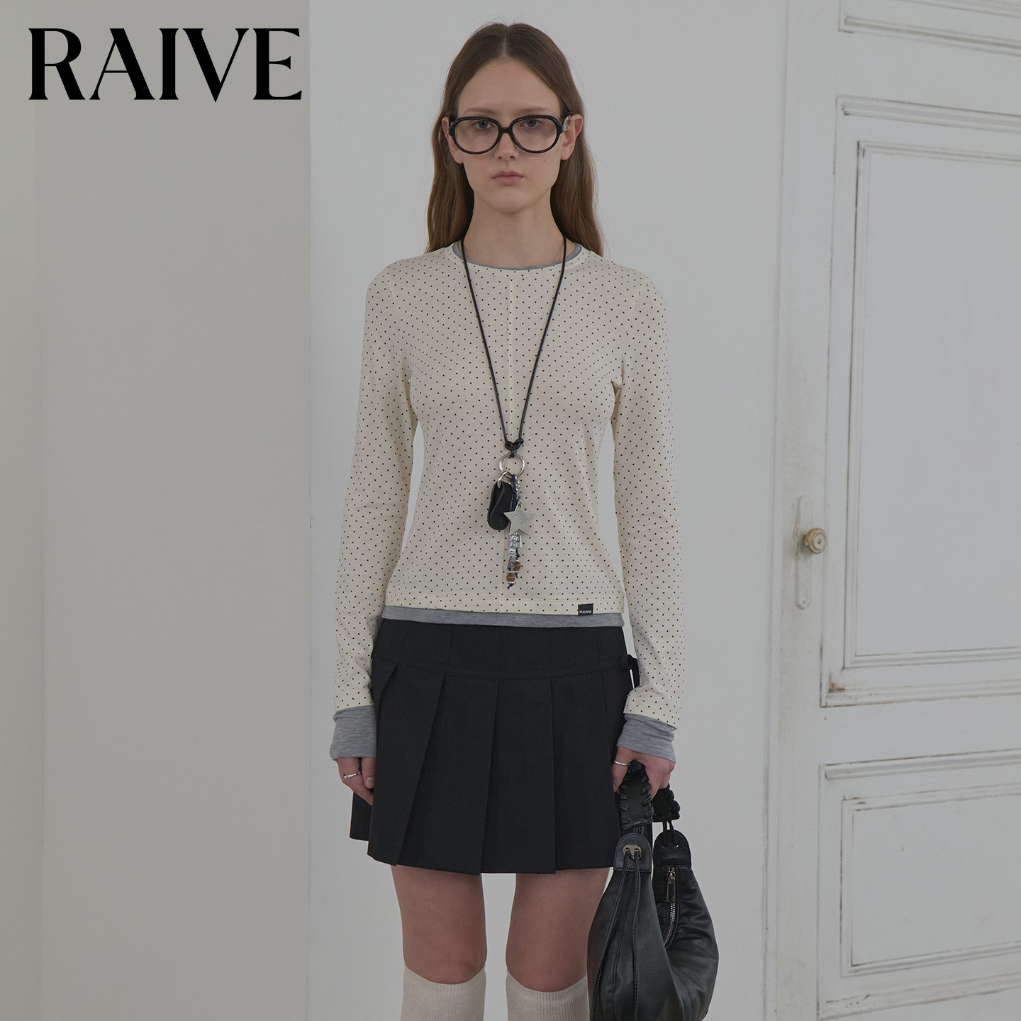 RAIVE波点假两件撞色韩系长袖T恤
