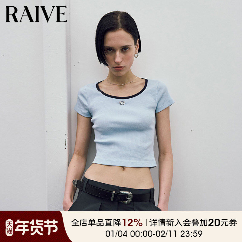 RAIVE2025夏季新款女短袖修身领口包边设计短款金属logo大方领T恤,女装/女士精品,T恤,淘宝优惠券,粉丝福利购,淘宝优惠卷