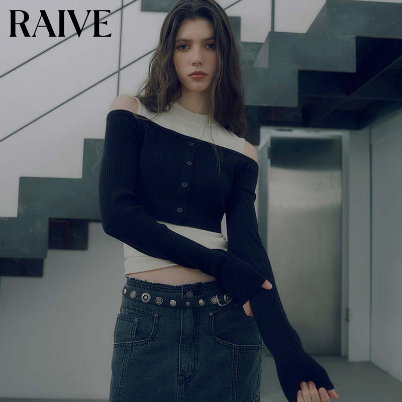 RAIVE拼接撞色一字肩长袖上衣