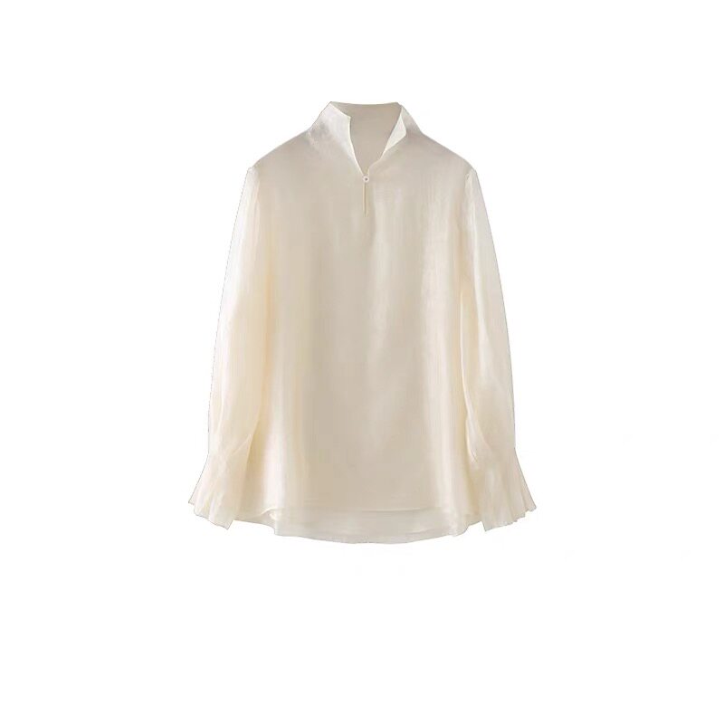 穿出优雅气质！米色醋酸混纺钉扣立领荷叶袖衬衫衬衣女