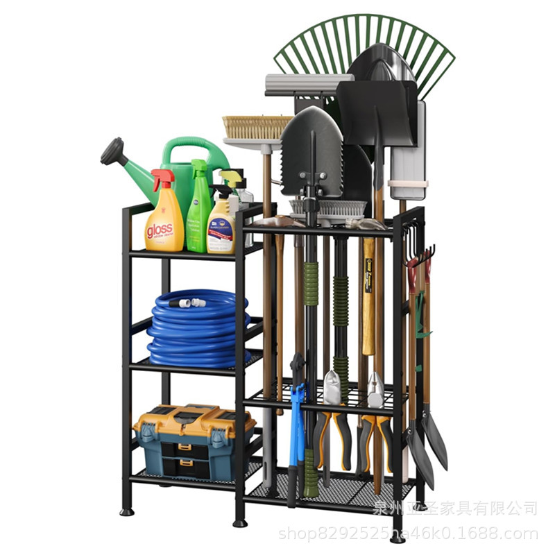 跨境热销大容量车库园林工具架花园庭院工具收纳架长柄工具槽收纳