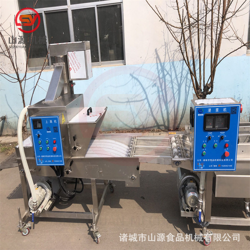 雪花鸡柳上糠机 全自动上洒下粘式裹面包糠机 无骨鸡柳上糠设备