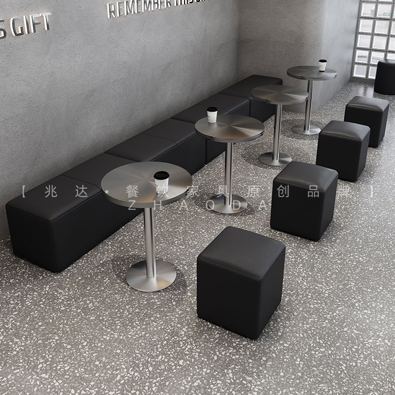 现代简约烘焙家具餐桌椅组合奶茶店咖啡店不锈钢圆桌茶几收纳餐椅