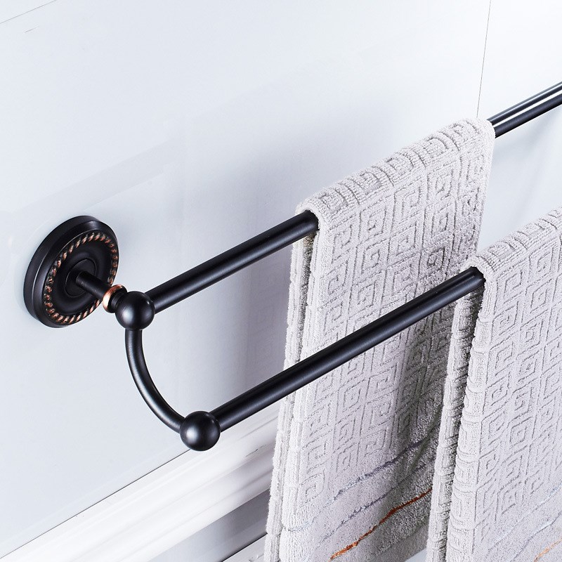 55cm黑色厨卫挂件美式卫生间挂墙五金卫浴双杆毛巾架铜材质黑古铜