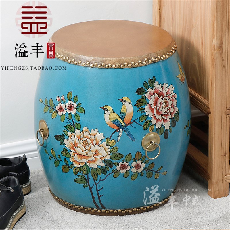 新中式牛皮彩绘换鞋鼓凳客厅餐凳实木装饰卧室梳妆做旧手绘圆凳子