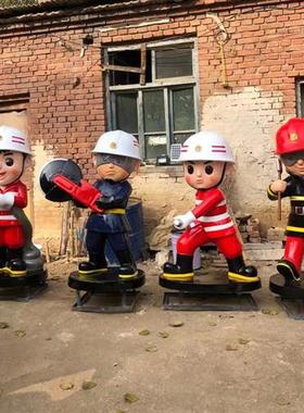 卡通消防员主题人物雕塑玻璃钢定制仿铜广场户外公仔公园大型摆件