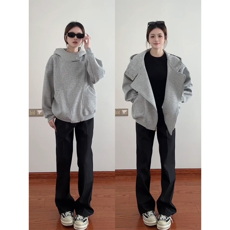 美式灰色连帽卫衣外套女2025新款开春季韩系穿搭开衫设计感上衣短