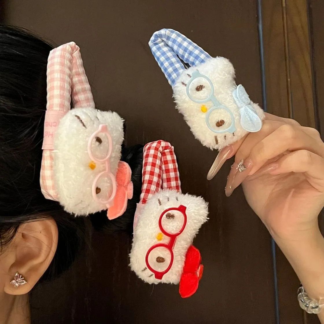 眼镜KT猫格子掰掰夹少女碎发