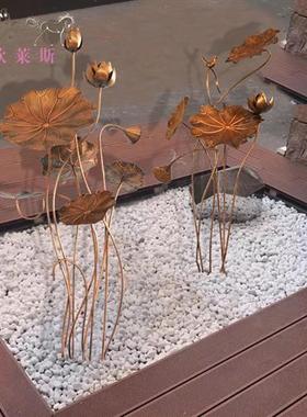 不锈钢荷花金属雕塑摆设庭院水景落地摆件酒店水池铁艺荷叶装饰品