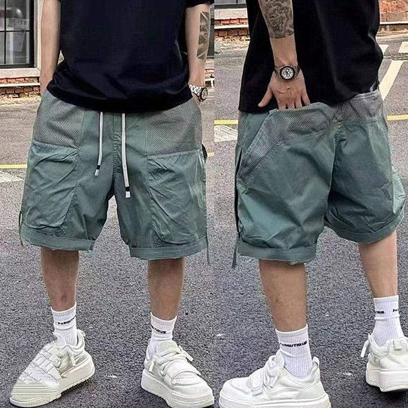 美式潮牌网孔拼接工装速干短裤男士夏季宽松大口袋百搭休闲五分裤
