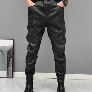 网红皮裤男秋冬季防风加绒加厚休闲裤子男士潮牌外卖骑手小脚长裤