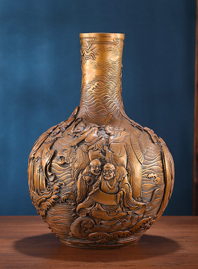 东方禧浮雕花瓶摆件黄铜中式花瓶高档家居客厅电视柜装饰商务礼品