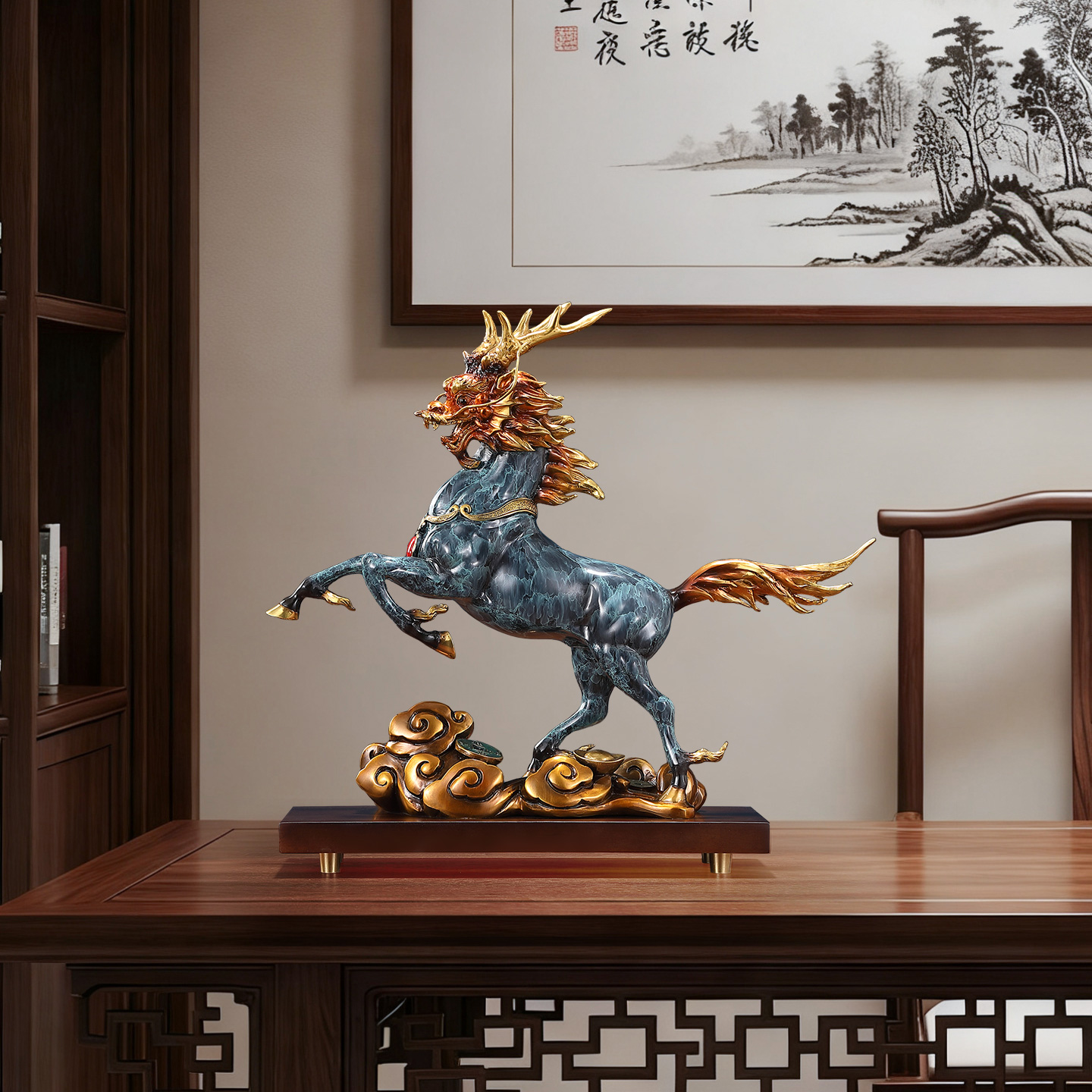 黄铜《麒麟献瑞》招财火焰麒麟摆件国潮家居办公室装饰品开业礼品