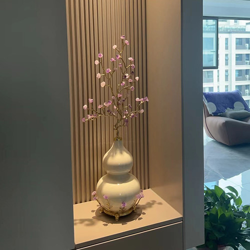 东方禧黄铜发财树陶瓷葫芦摆件