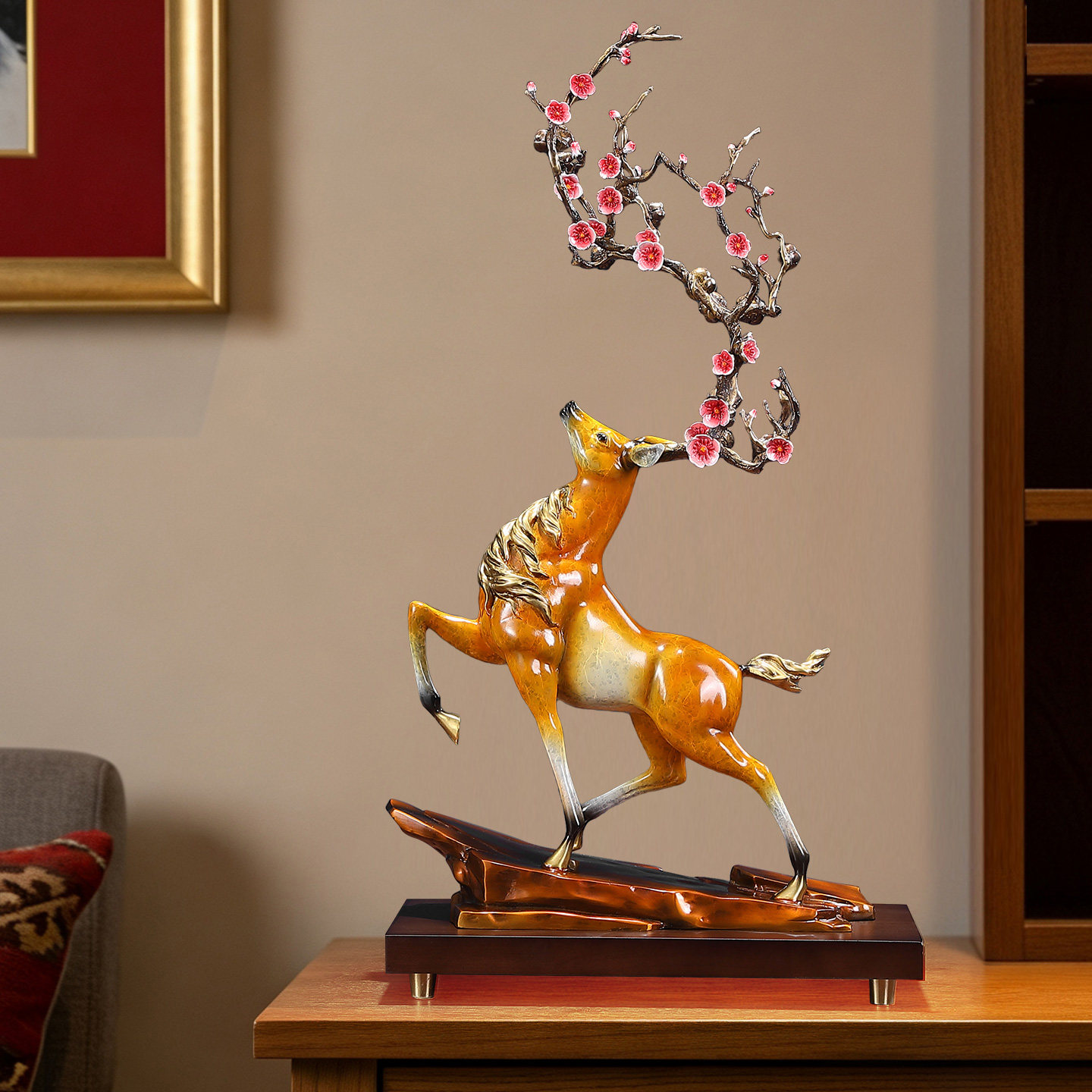 福鹿高升梅花鹿黄铜摆件中式家居客厅酒柜玄关桌面新家装饰品礼品