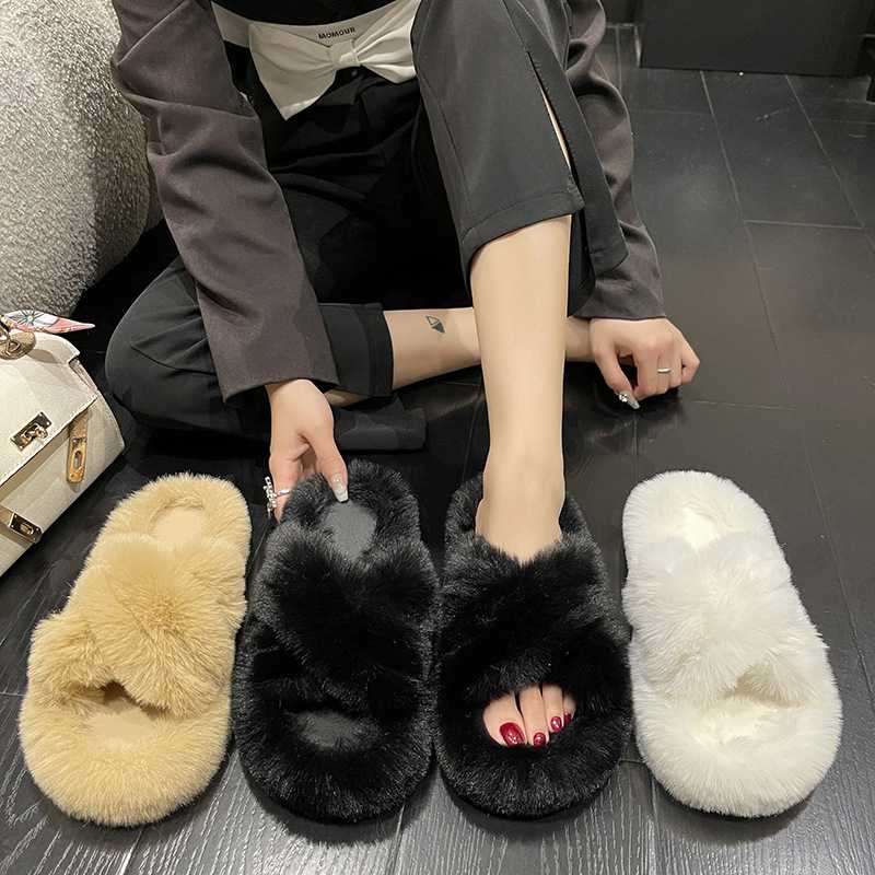 厚底增高一字毛毛拖鞋女外穿加绒