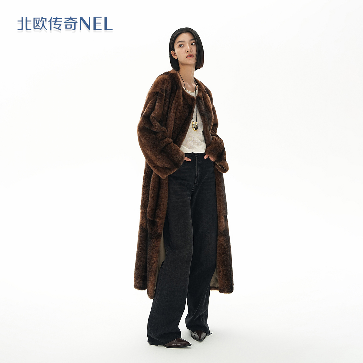 北欧传奇【丘比特之箭】进口紫标小母貂圆领咖十字长款水貂外套女