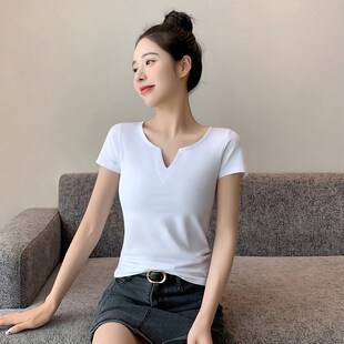 极速黑色vd领短袖t恤女2025新款夏季正肩低领纯棉体恤设计感修身