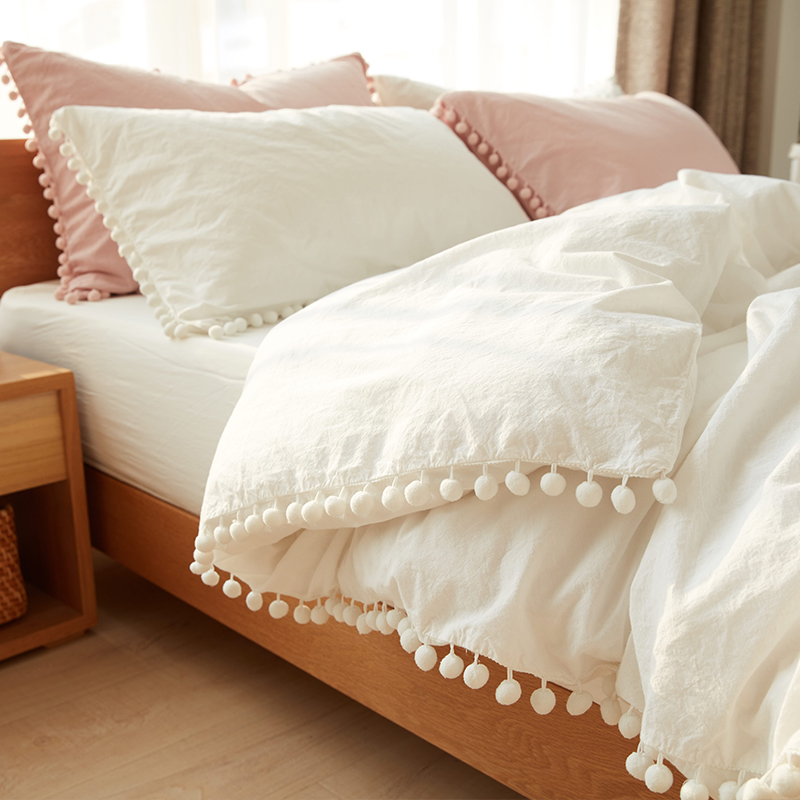 极速全棉可爱球球水洗棉四件套 C日式纯色裸睡床品床单床笠款套件