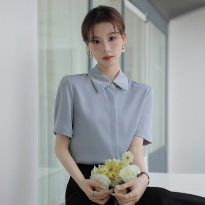 新品灰蓝色短袖衬衫女夏大v学生答辩教资面试穿搭正装公务员职业