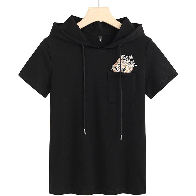 2025春夏装新ins超火连帽T恤女小众设计钉珠连帽猫咪卫衣短袖6801,女装/女士精品,大码内搭,淘宝优惠券,粉丝福利购,淘宝优惠卷