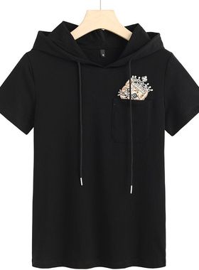 2025春夏装新ins超火连帽T恤女小众设计钉珠连帽猫咪卫衣短袖6801