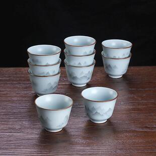茶杯套装10只陶瓷功夫茶具天青色6个品茗喝茶杯子远山水茶海盖碗