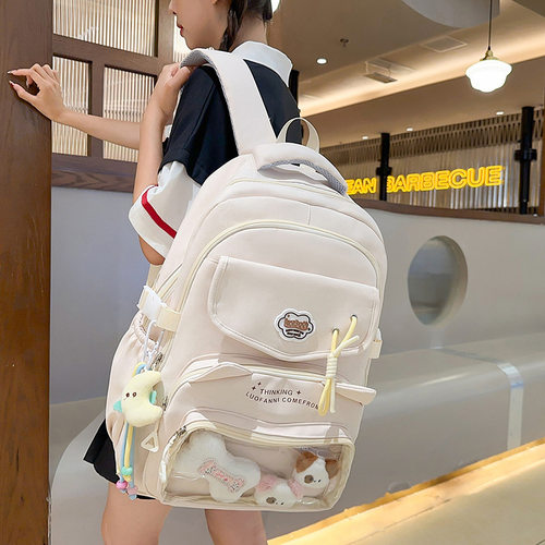 日系透明吧唧痛包ins风书包女初中生可爱高颜值双肩包大容量背包