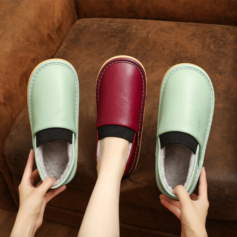 秋冬季居家用真皮棉拖鞋男女室内防滑包跟情侣家居保暖牛皮面棉鞋