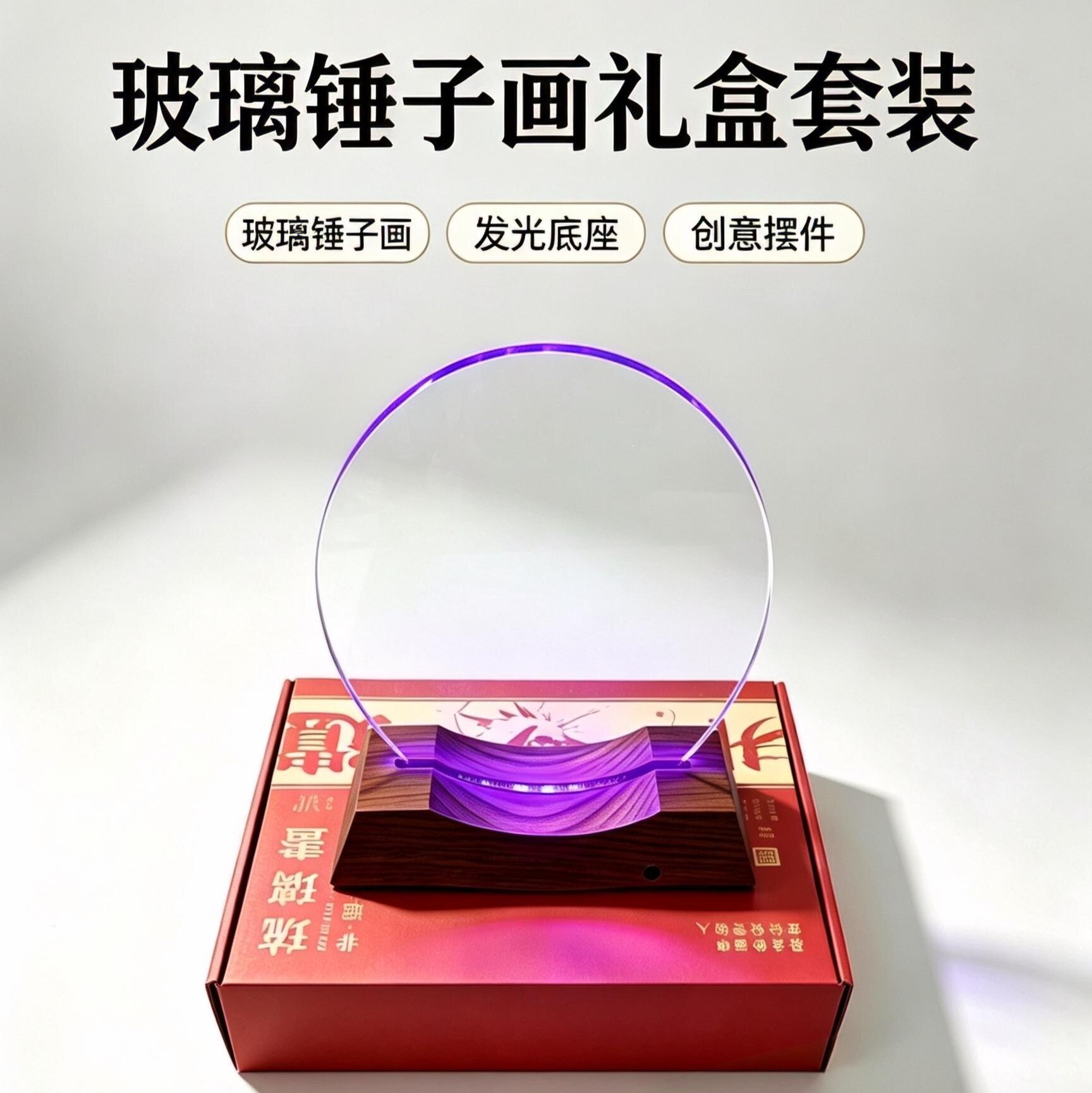 【批发】玻璃锤子画专用发光底座圆形玻璃沙比利实木底座全套礼盒图片