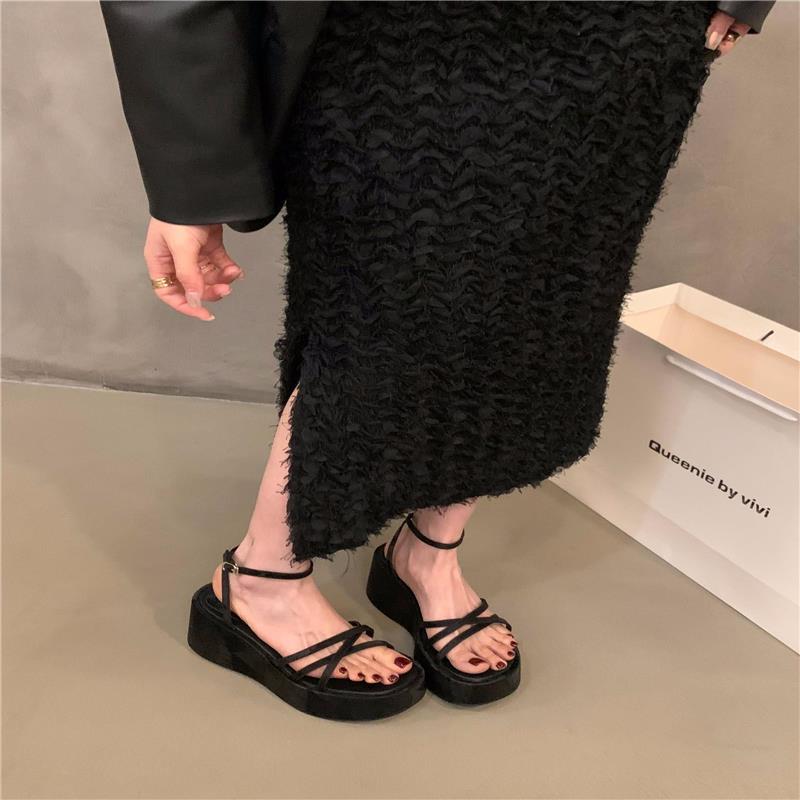 夏季网红松糕厚底小众细带凉鞋仙女鞋子2025新款小个子坡跟罗马鞋