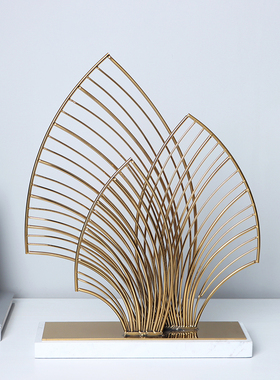 现代新中式样板房客厅玄r关金属扇形屏风摆件酒店软装大理石装饰