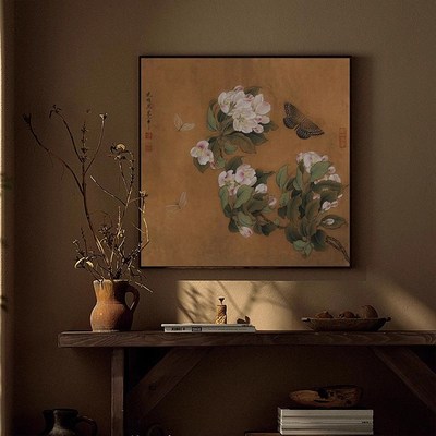 餐厅新中式中古风海棠小众客厅装饰画复古M风蝴蝶花卉挂壁画知春