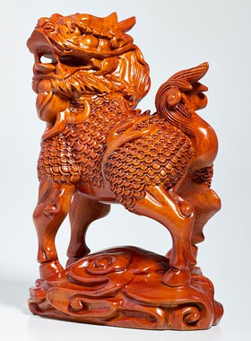 花梨木雕麒麟摆件公母一对v实木中式客厅酒柜玄关办公室风水工艺