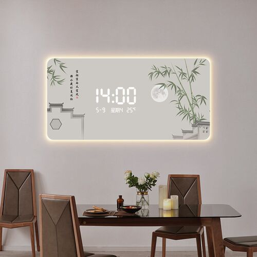 餐厅背景墙装饰画2024新款数显屏竹子挂画M钟表带灯新中式客厅壁