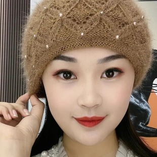 手工双层保暖针织帽时尚珍珠头套护耳包头帽堆堆帽妈妈冬季帽子女