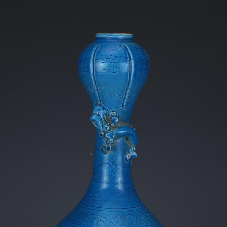 新品明龙弘治蓝釉雕刻纹蒜头瓶货 仿古瓷器 古董玩古旧货老收藏品