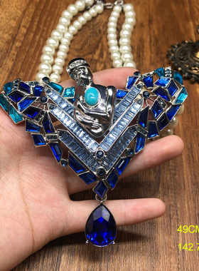 轻奢设计感水滴吊坠项链琉璃珍珠蓝宝石镶嵌项链优雅气质百搭首饰