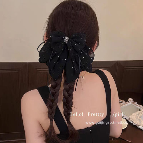 2025新款高级星空碎钻蝴蝶结马尾抓夹黑色无痕固定神器半扎发饰